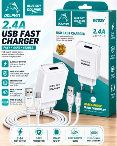 شاحن سريع Dolphin DC02V مع كابل Type-C - 2.4A