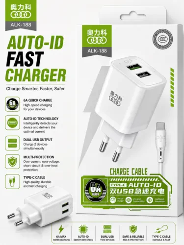 شاحن ALK-188 Auto-ID سريع 6A مع كابل Type-C ومنفذين USB