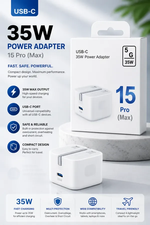 راس شاحن USB-C سريع 35 واط متوافق مع iPhone 15 Pro / 15 Pro Max