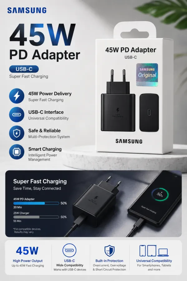راس شاحن سامسونج الأصلي 45 واط PD USB-C للشحن فائق السرعة