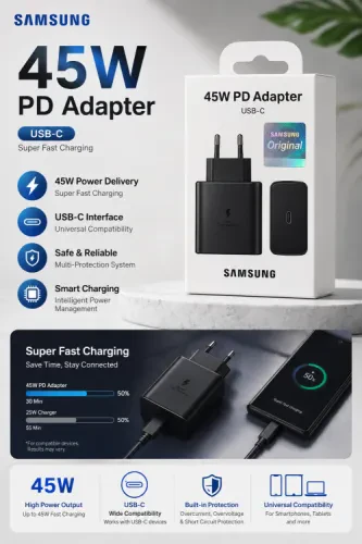 راس شاحن سامسونج الأصلي 45 واط PD USB-C للشحن فائق السرعة