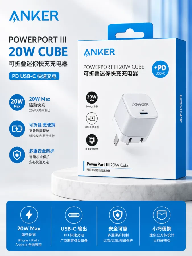 شاحن Anker PowerPort III 20W Cube PD USB-C