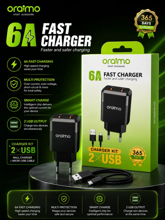شاحن Oraimo 6A سريع مع منفذين USB وكابل Micro USB