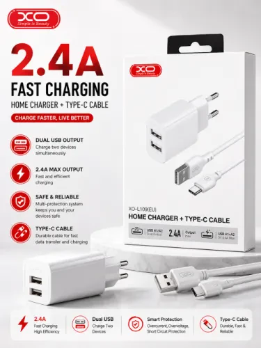 XO 2.4A Fast Charging Home Charger + Type-C CableX