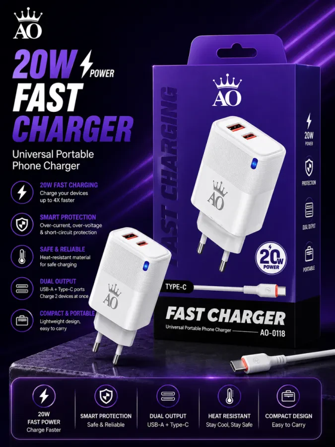 AO Fast Charger AO-0118 TC – شاحن سريع 20 واط
