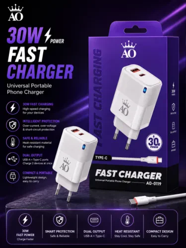 شاحن 0119-AO TC السريع 30 واط – USB + Type-C
