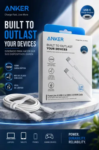⚡ كابل ANKER PowerLine III USB-C إلى USB-C – شحن سريع 100W