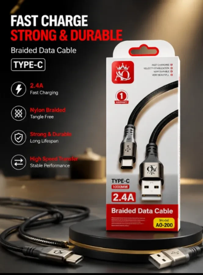 ⚡ كابل AO USB إلى Type-C نايلون مجدول – شحن سريع 2.4A (موديل AO-200)