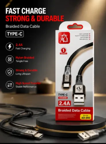 ⚡ كابل AO USB إلى Type-C نايلون مجدول – شحن سريع 2.4A (موديل AO-200)