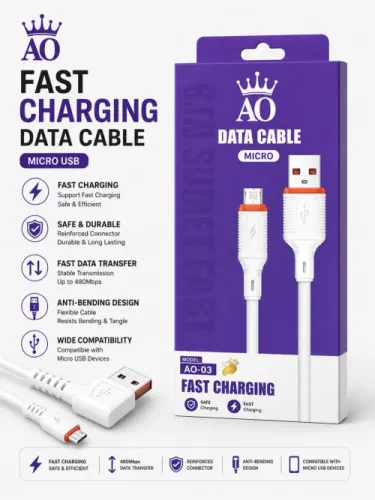 كابل AO A03 Micro USB للشحن ونقل البيانات – شحن سريع
