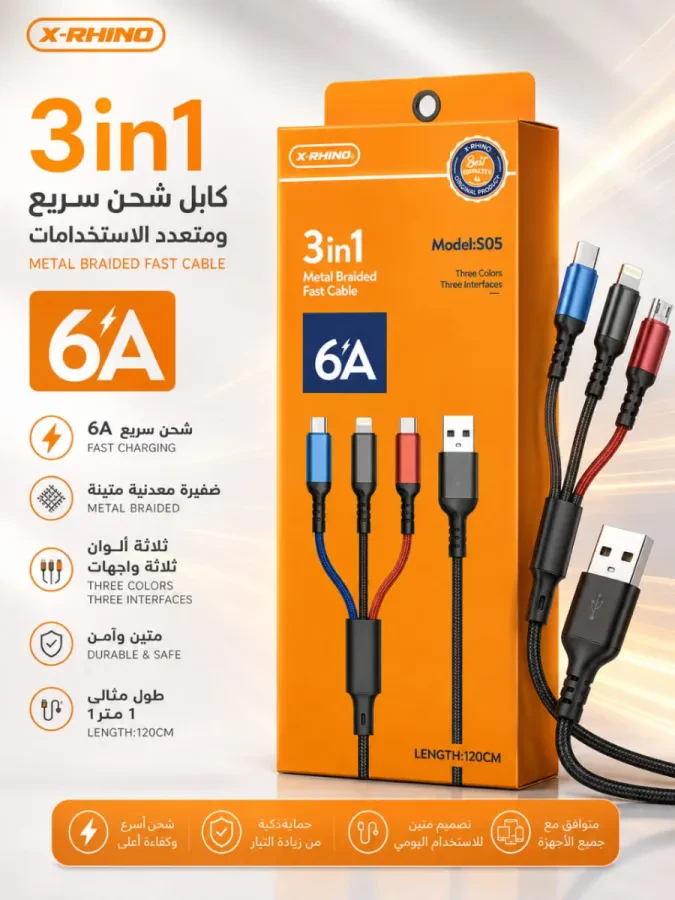 كابل شحن سريع X-RHINO 3 في 1 – 6A | كابل واحد لجميع أجهزتك