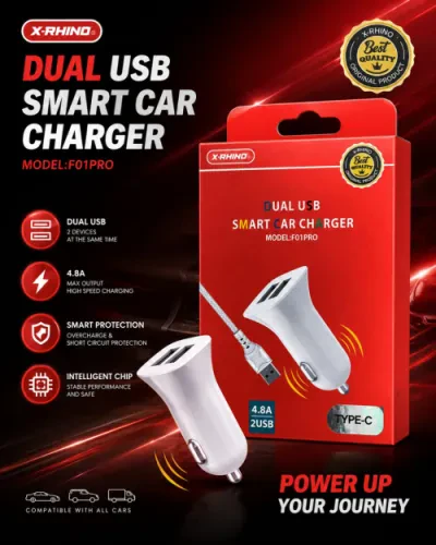 شاحن سيارة X-RHINO F01 PRO – منفذين USB بسرعة شحن عالية 4.8A