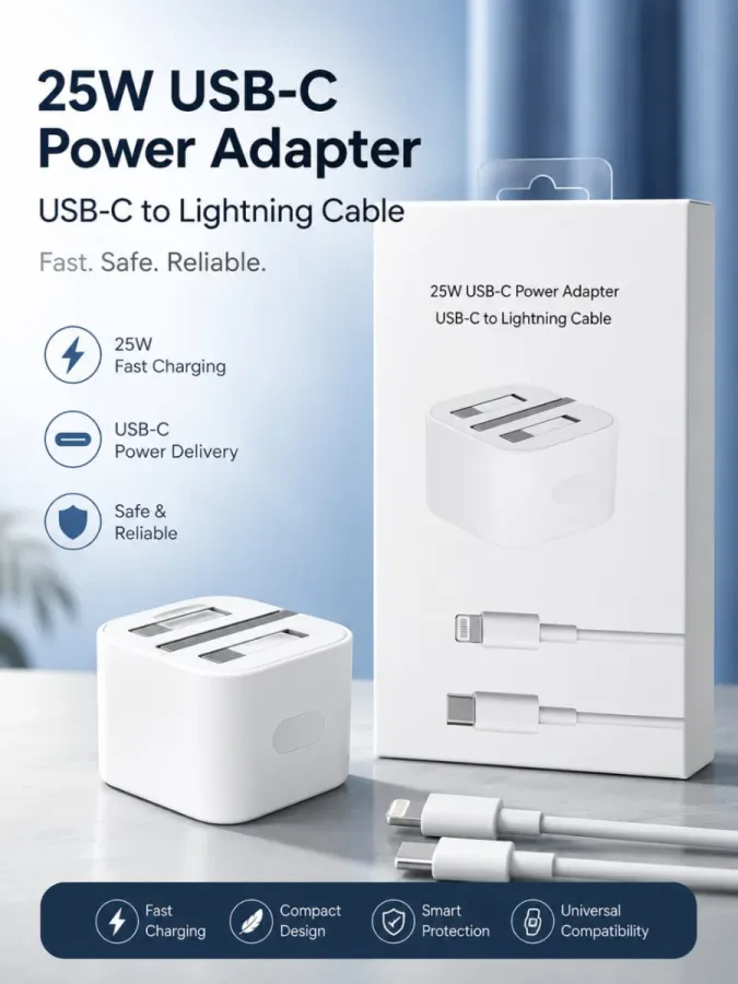 شاحن حائط 25W USB-C Power Adapter مع كابل USB-C إلى Lightning – شحن سريع وآمن