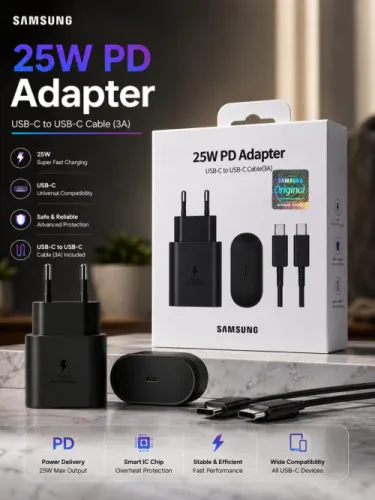 شاحن سامسونج 25W PD USB-C مع كابل USB-C إلى USB-C (3A) – شحن فائق السرعة