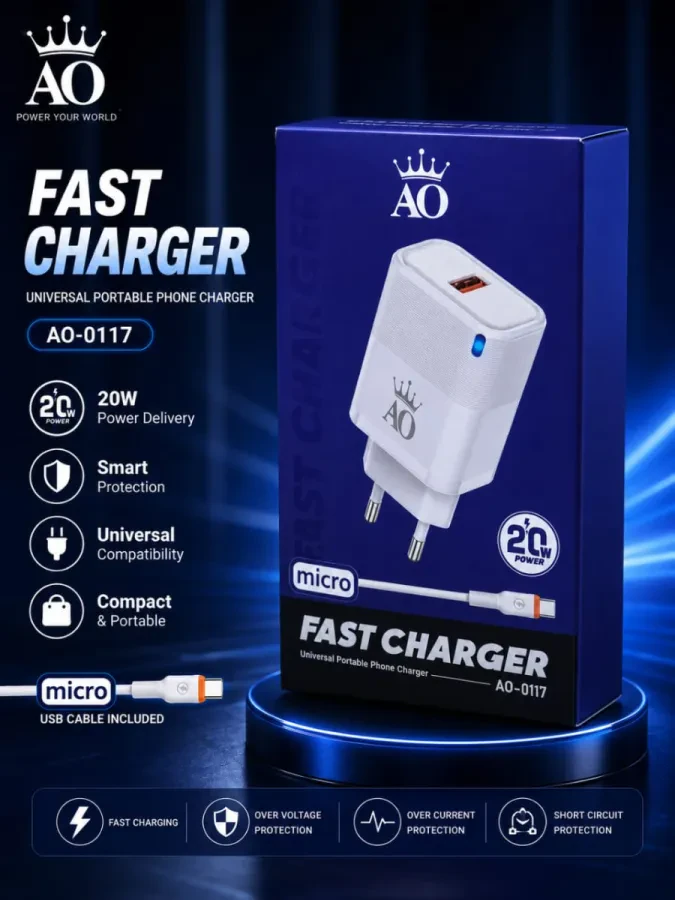 شاحن AO-0117 V8 Fast Charger 20W مع كابل Micro USB – شحن سريع وأداء موثوق