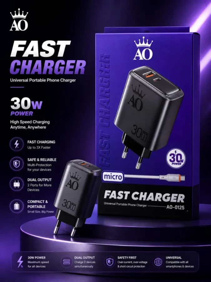 وصف المنتج – شاحن AO Fast Charger 30W (AO-0125) مع كابل Micro USB