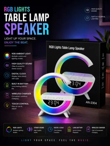 صب طاولة RGB 2304 مع سماعة بلوتوث وشاحن لاسلكي وساعة رقمية