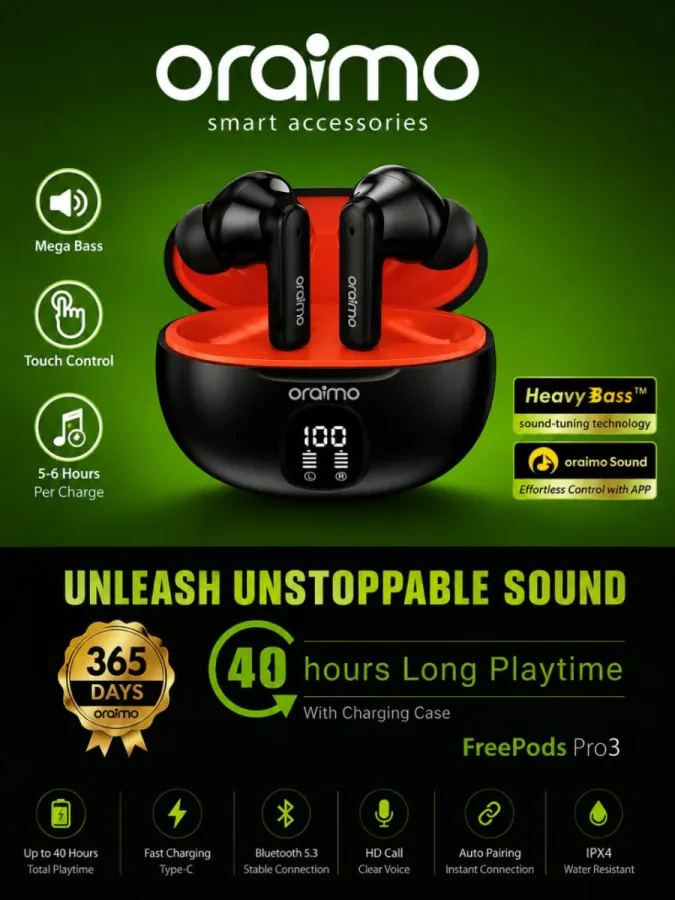 🎧 Oraimo FreePods Pro 3 – صوت أقوى... حرية أكبر