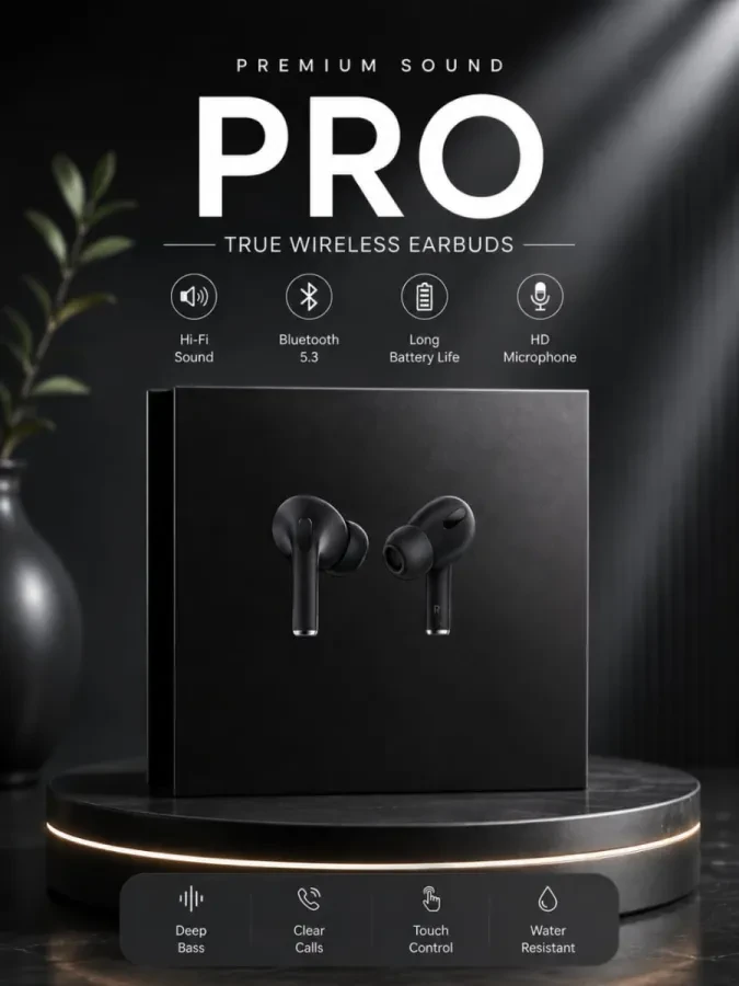 🎧 PRO True Wireless Earbuds – صوت احترافي بتصميم أنيق
