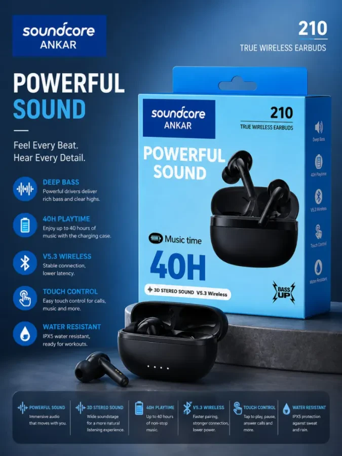 سماعة Soundcore 210 – True Wireless Earbuds | صوت قوي وبطارية تدوم حتى 40 ساعة 🎧🔋