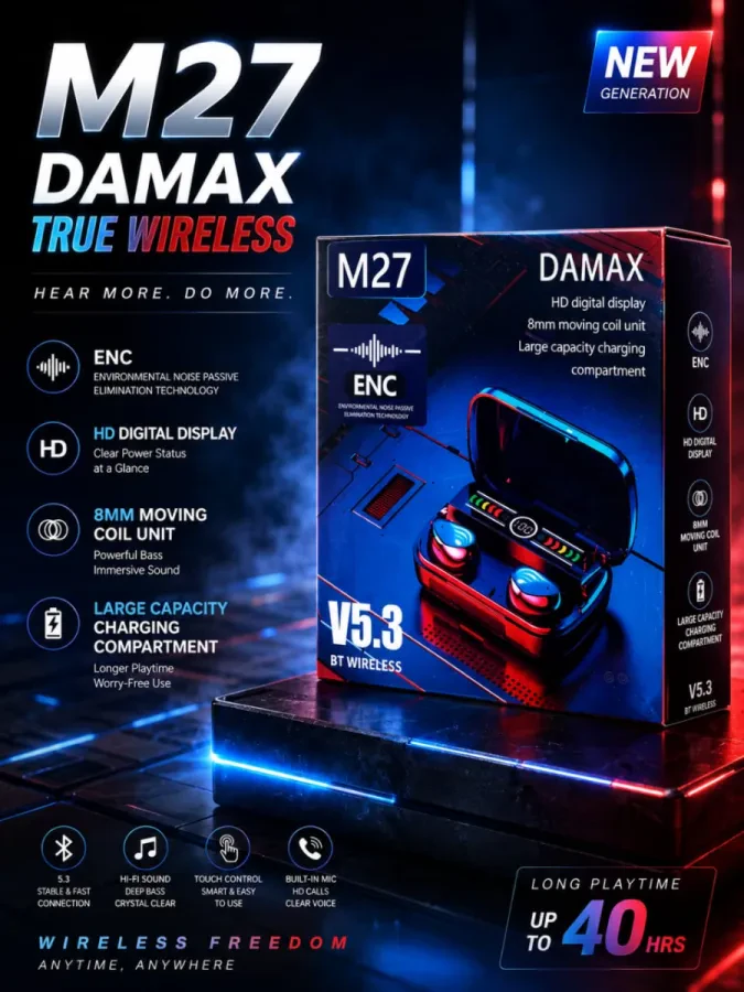 سماعة DAMAX M27 – Bluetooth 5.3 | صوت قوي وأداء يدوم حتى 40 ساعة 🎧⚡