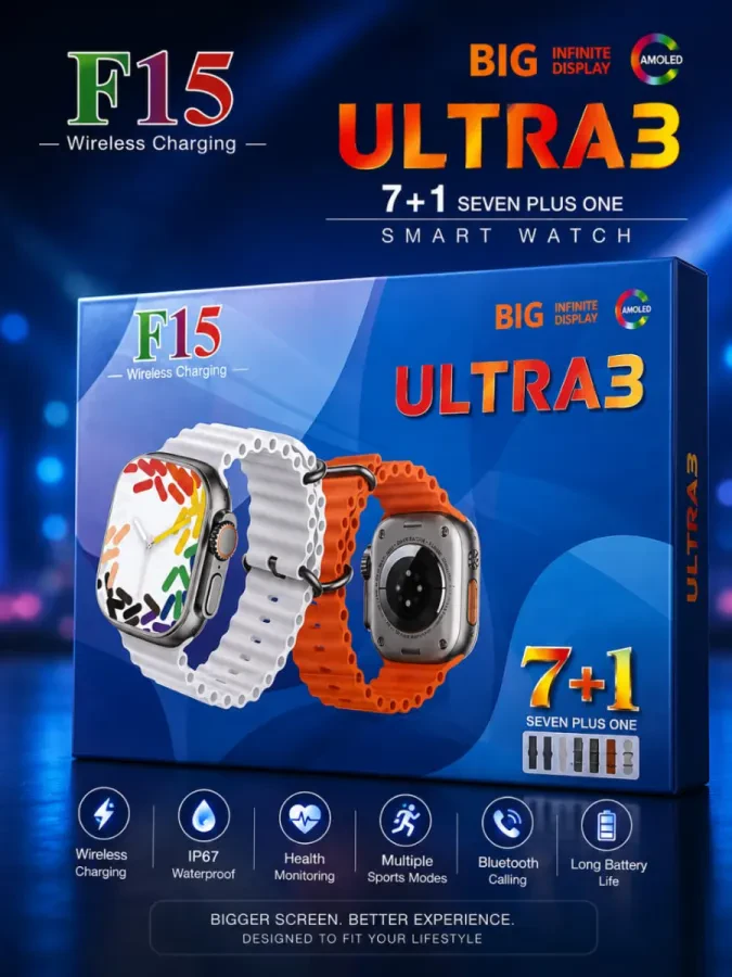 ساعة Ultra 3 F15 Smart Watch – شاشة كبيرة وشحن لاسلكي ⌚✨