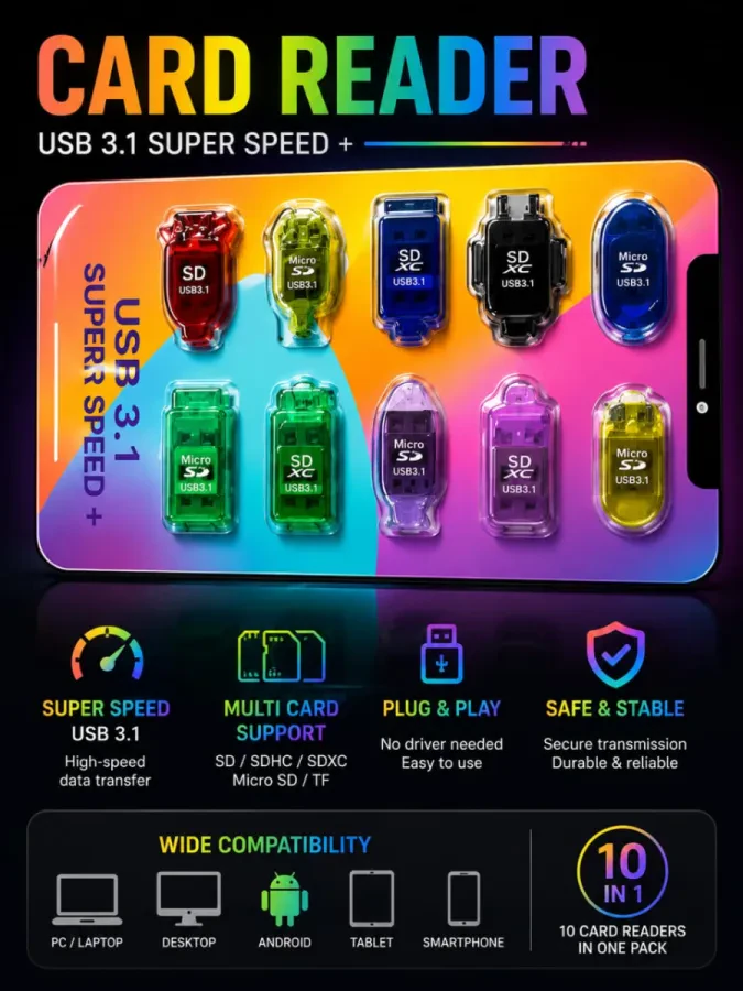 💾 قارئ بطاقات ذاكرة USB 3.1 – سرعة فائقة ونقل بيانات بكل سهولة