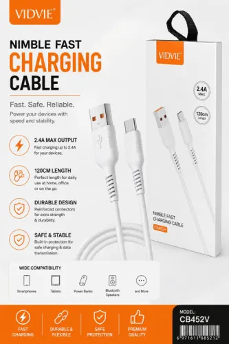 كابل شحن VIDVIE CB452V USB-A إلى V8 – شحن سريع 2.4A بطول 120 سم