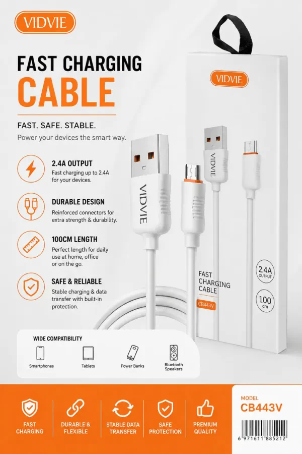 كابل شحن VIDVIE CB443V USB-A إلى Micro USB – شحن سريع 2.4A بطول 100 سم
