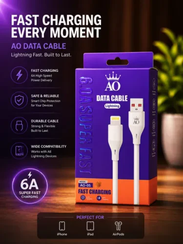 كابل شحن سريع ونقل بيانات AO-05 من USB-A إلى Lightning بقدرة 6 أمبير
