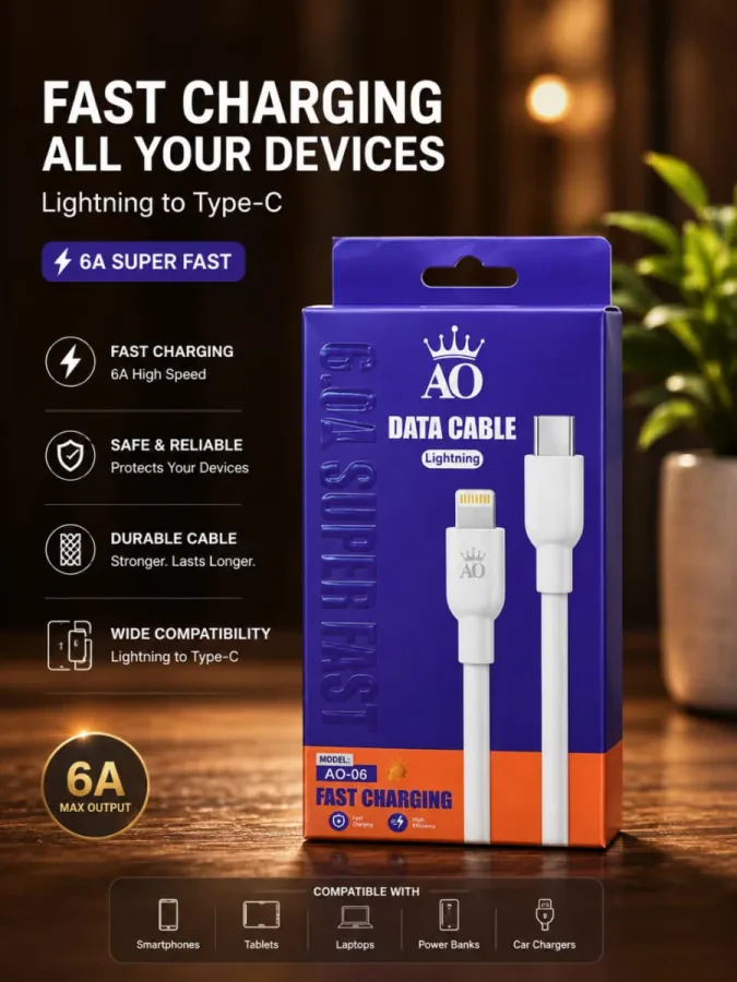 كابل بيانات شحن سريع AO (موديل AO-06) من Lightning إلى Type-C بقوة 6A.